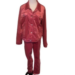 Lauren Conrad Fleeting Rose Velvet Denim jacket and high rise skinny Jean pants.